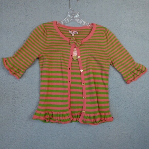 New Juicy Couture Sweater Girls 14 Green Pink Ruffle Cardigan Preppy Button - Picture 1 of 10